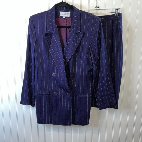 J.G. HOOK VTG 2 Piece Suit Skit & Blazer Jacket Women Size 8 Blue Pin Striped - Picture 1 of 8